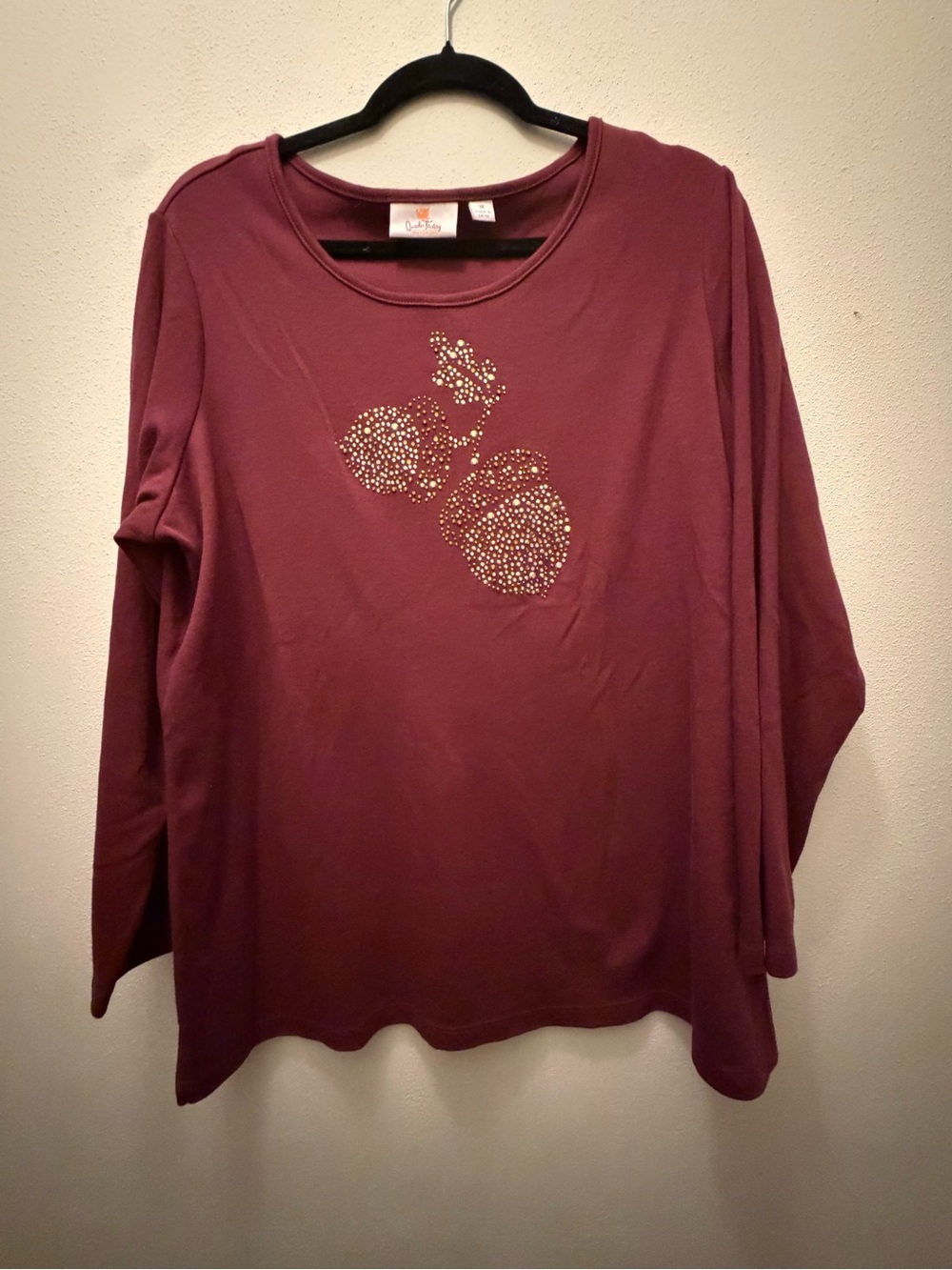 Quacker Factory Burgundy Long-Sleeve Top with Rhinestone Fruit Motif